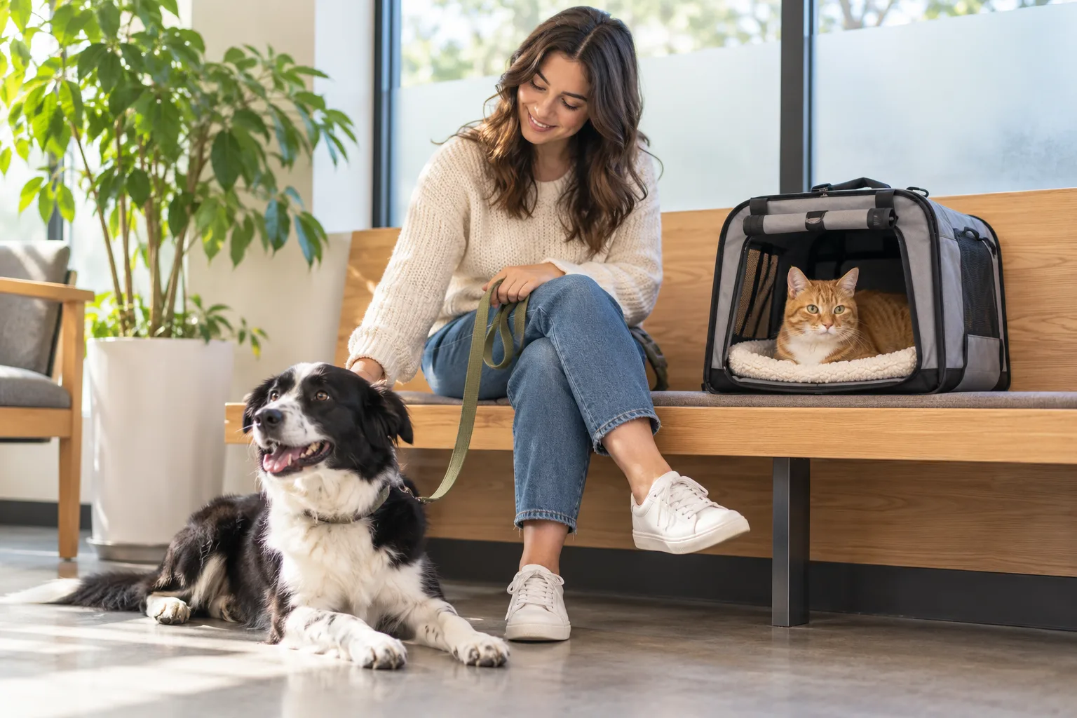 Owner seated in a clinic waiting area, with a black-and-white dog and an orange cat in a carrier